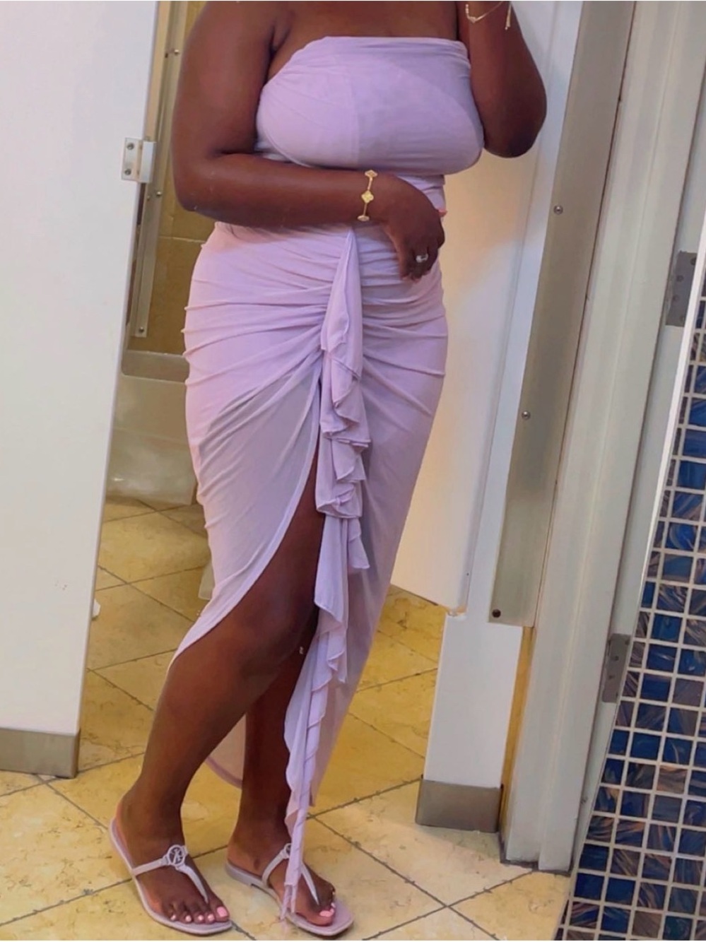 Lilac Strapless Ruching Maxi Dress with Ruffle Slit